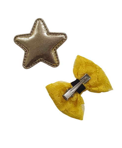 Star & Bow Alligator Hair Clips - Champagne & Yellow