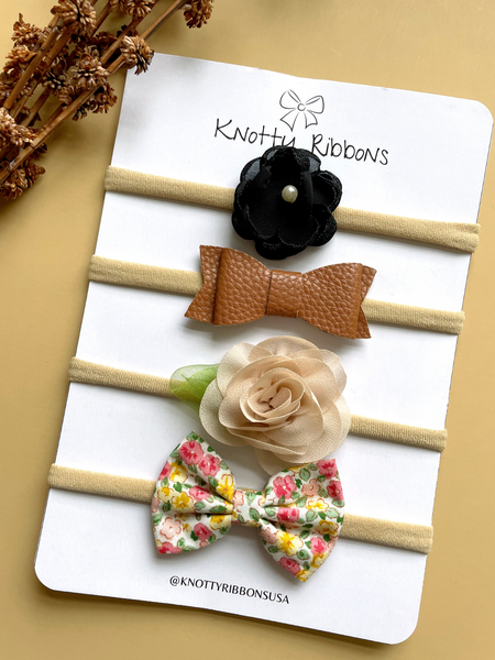 Flower & Floral Bow Headband Set- Black, Brown & Beige