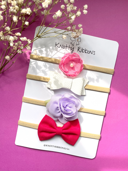 Flower & Bow Headband Set- Pink, Silver & Lavender