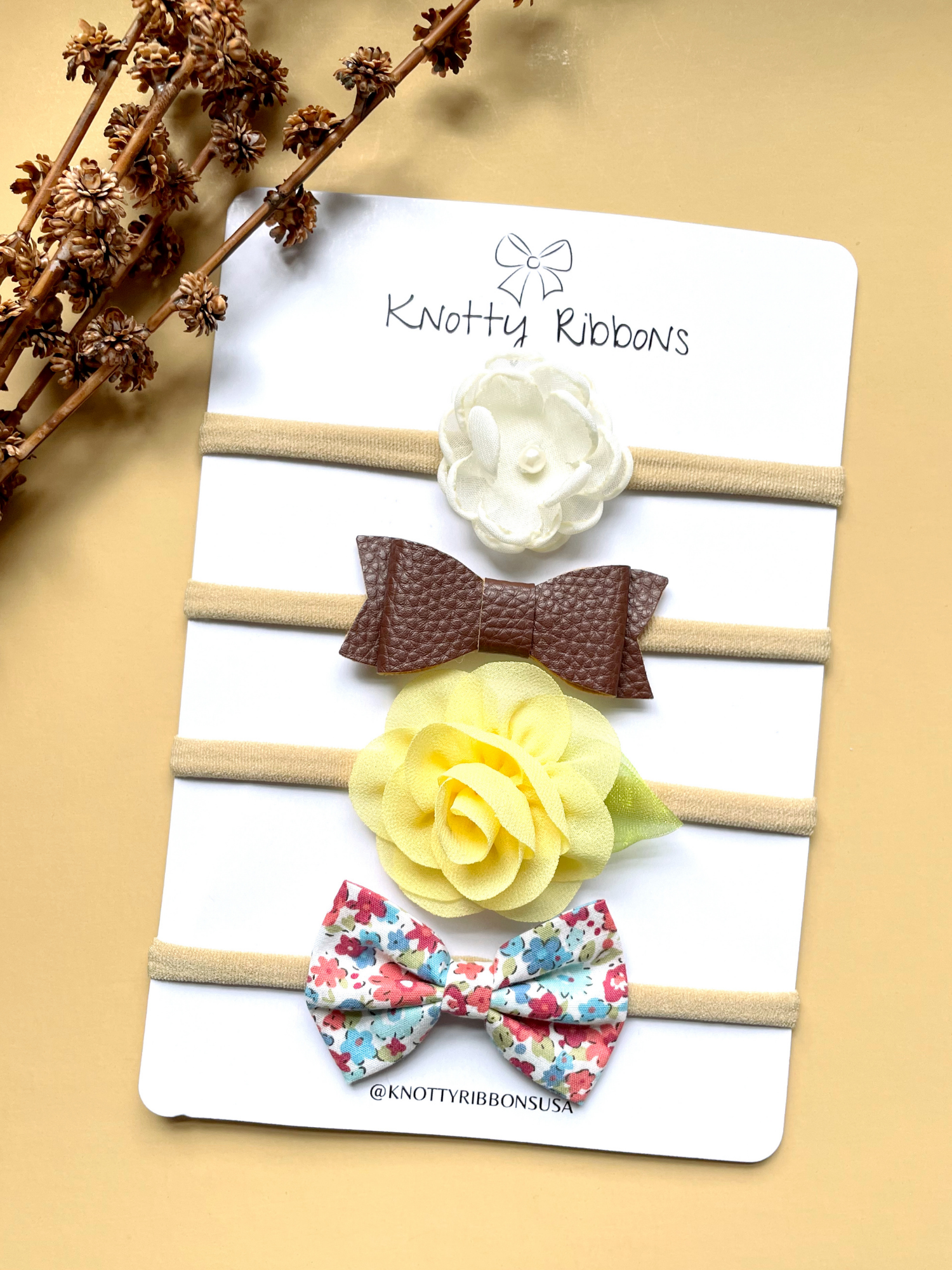 Flower & Floral Bow Headband Set- White, Brown & Yellow