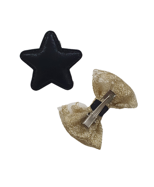 Star & Bow Alligator Hair Clips - Black & Golden