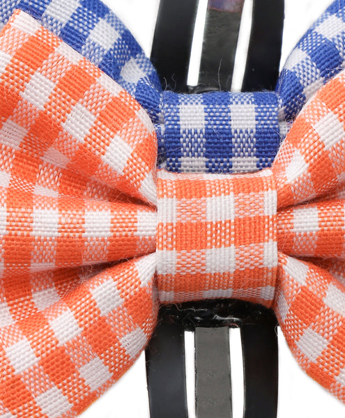 Checkered Tiny Bow Hair Clip Set - Blue & Orange