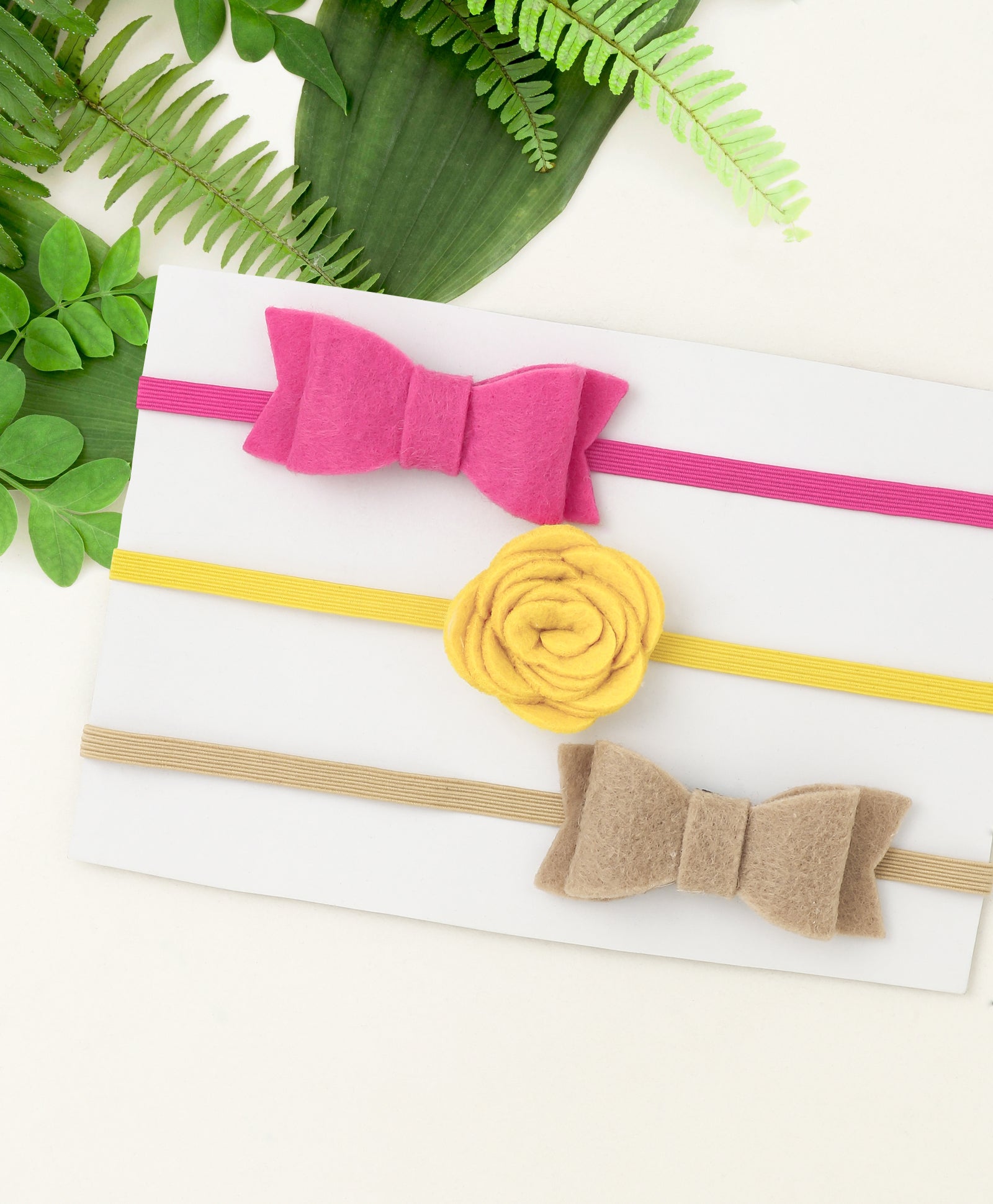 Rose & Bow Headband Set  - Pink, Yellow & Khaki