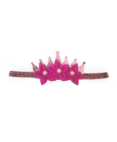 Shimmery Crown & Flower Headband - Dark Pink