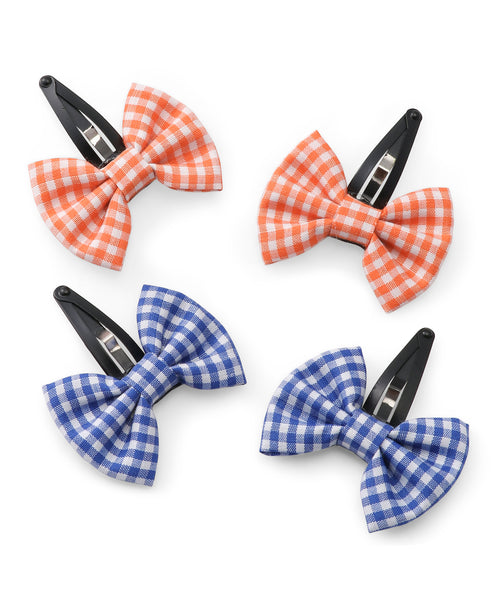 Checkered Tiny Bow Hair Clip Set - Blue & Orange