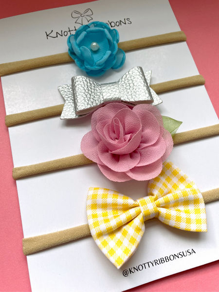 Flower & Checkered Bow Headband Set- Blue, Silver, Light Pink & Yellow