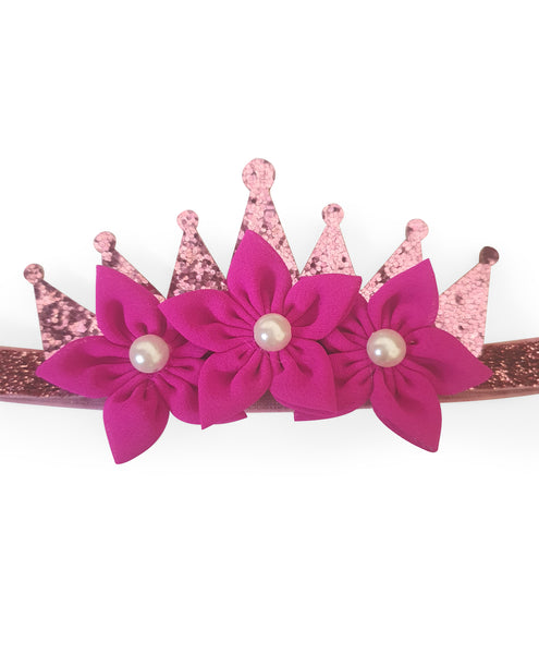 Shimmery Crown & Flower Headband - Dark Pink