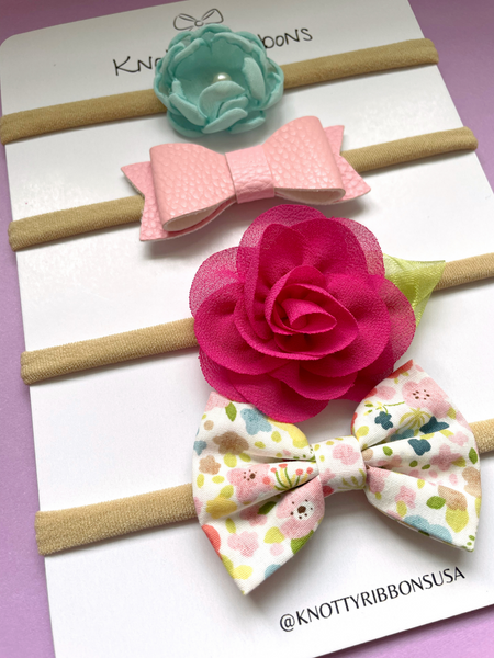 Flower & Floral Bow Headband Set- Light Blue & Pink
