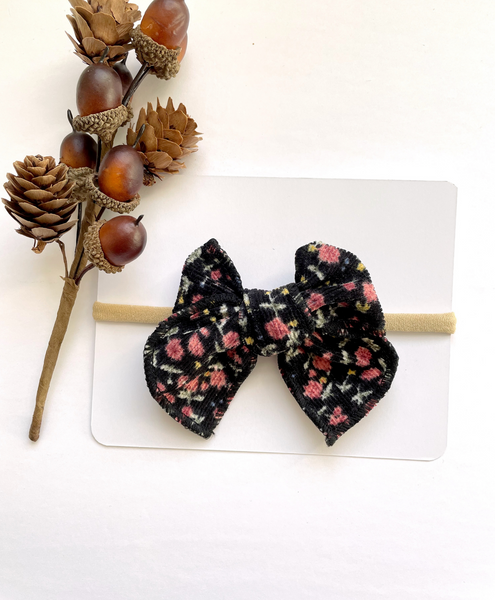 Floral Corduroy Knot Bow Nylon Headband - Black