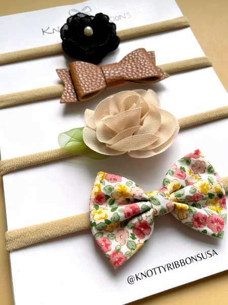 Flower & Floral Bow Headband Set- Black, Brown & Beige