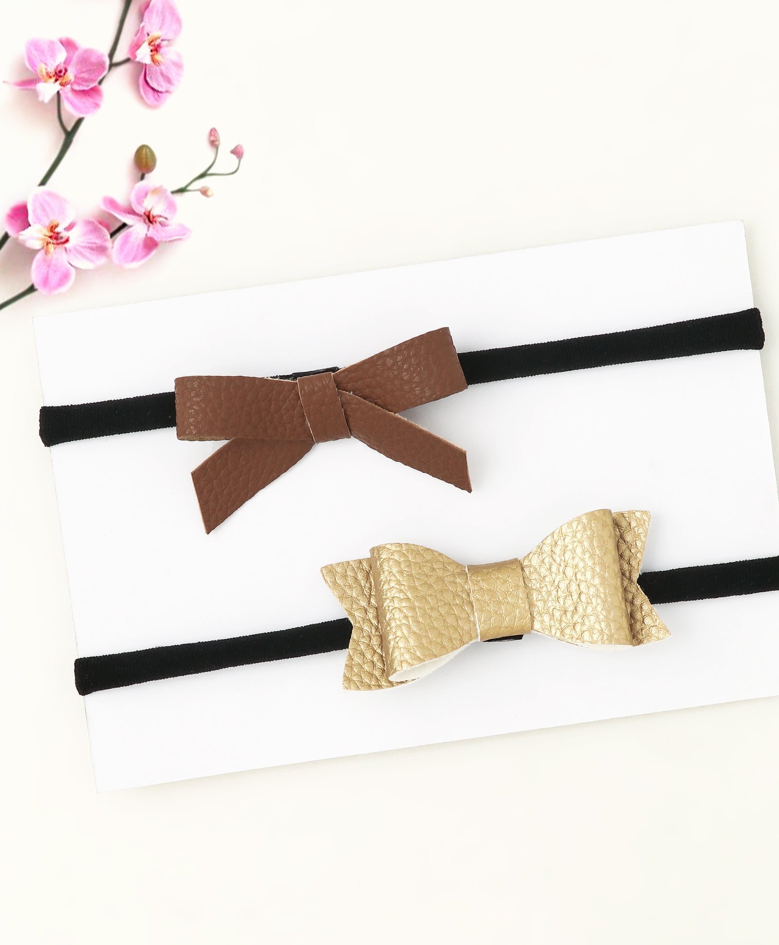 Leather Bow & Knot Headband Set - Brown & Golden