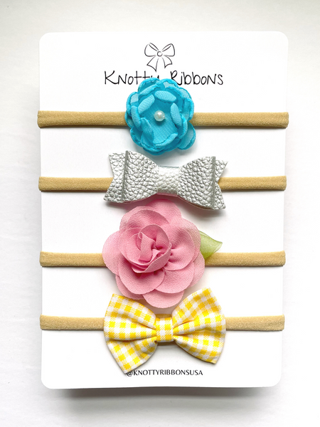 Flower & Checkered Bow Headband Set- Blue, Silver, Light Pink & Yellow