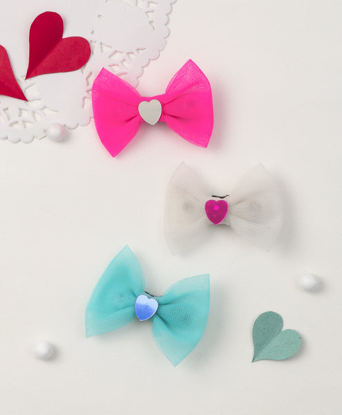 Mini Tulle Heart Bow Alligator Clip Set - Pink, White & Light Blue