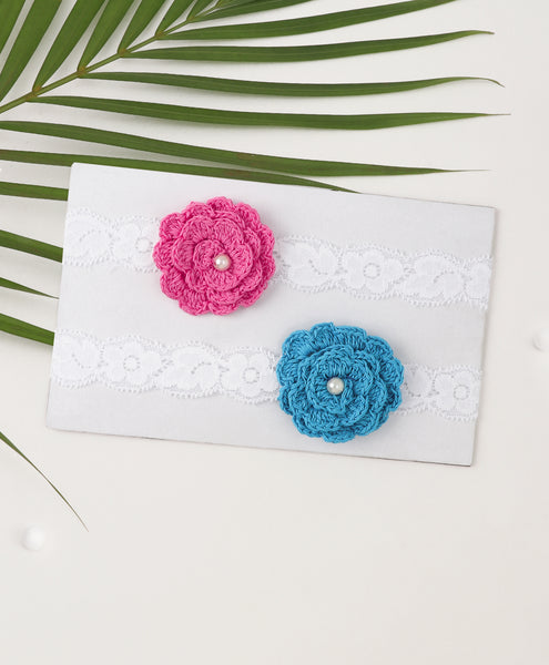 Crochet Flower Headband Set - Pink & Blue
