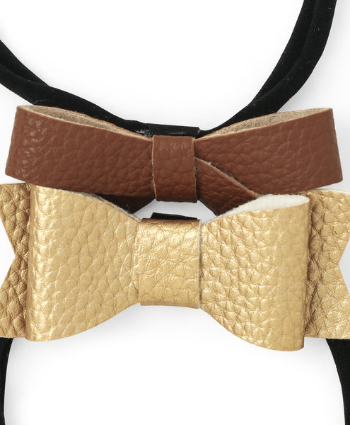 Leather Bow & Knot Headband Set - Brown & Golden