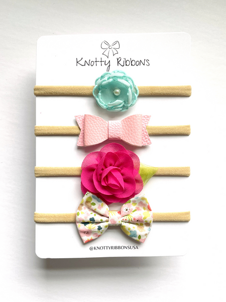 Flower & Floral Bow Headband Set- Light Blue & Pink