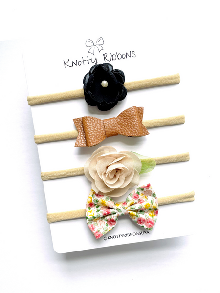 Flower & Floral Bow Headband Set- Black, Brown & Beige