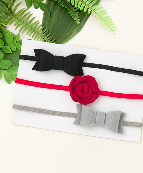Rose & Bow Headband Set  - Black Red & Gray