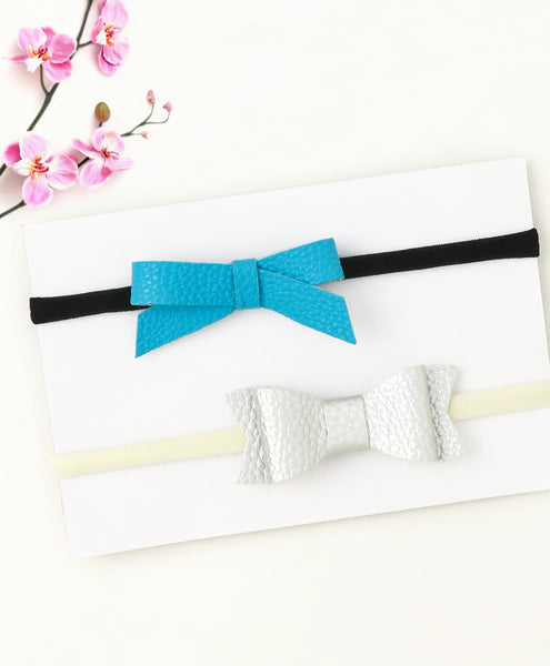 Leather Bow & Knot Headband Set - Light Blue & Silver