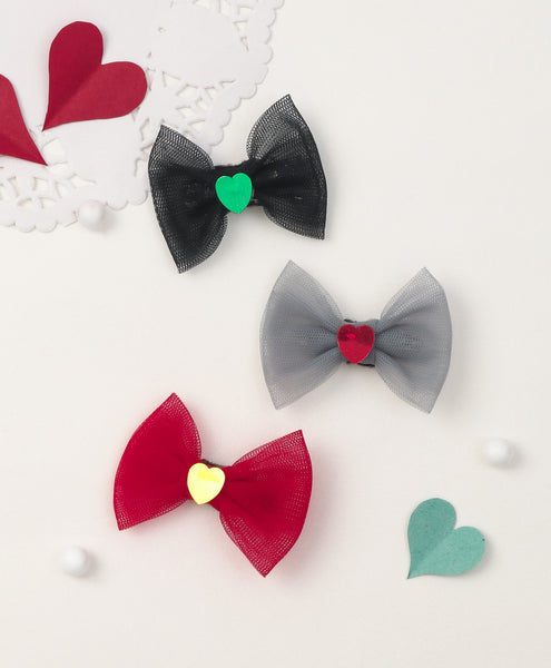 Mini Tulle Heart Bow Alligator Clip Set - Black, Gray & Red