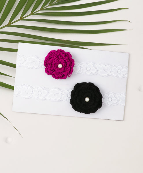 Crochet Flower Headband Set - Dark Pink & Black