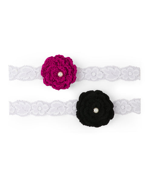 Crochet Flower Headband Set - Dark Pink & Black