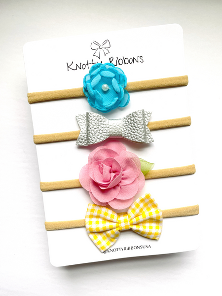 Flower & Checkered Bow Headband Set- Blue, Silver, Light Pink & Yellow