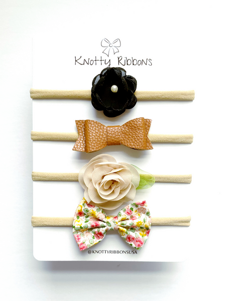 Flower & Floral Bow Headband Set- Black, Brown & Beige