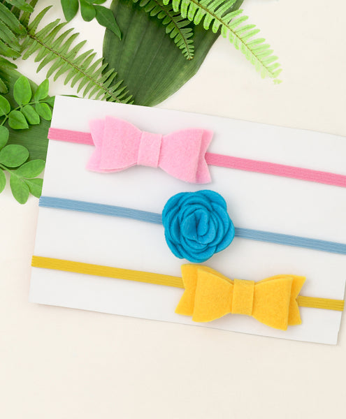 Rose & Bow Headband Set  - Light Pink, Light Blue & Yellow