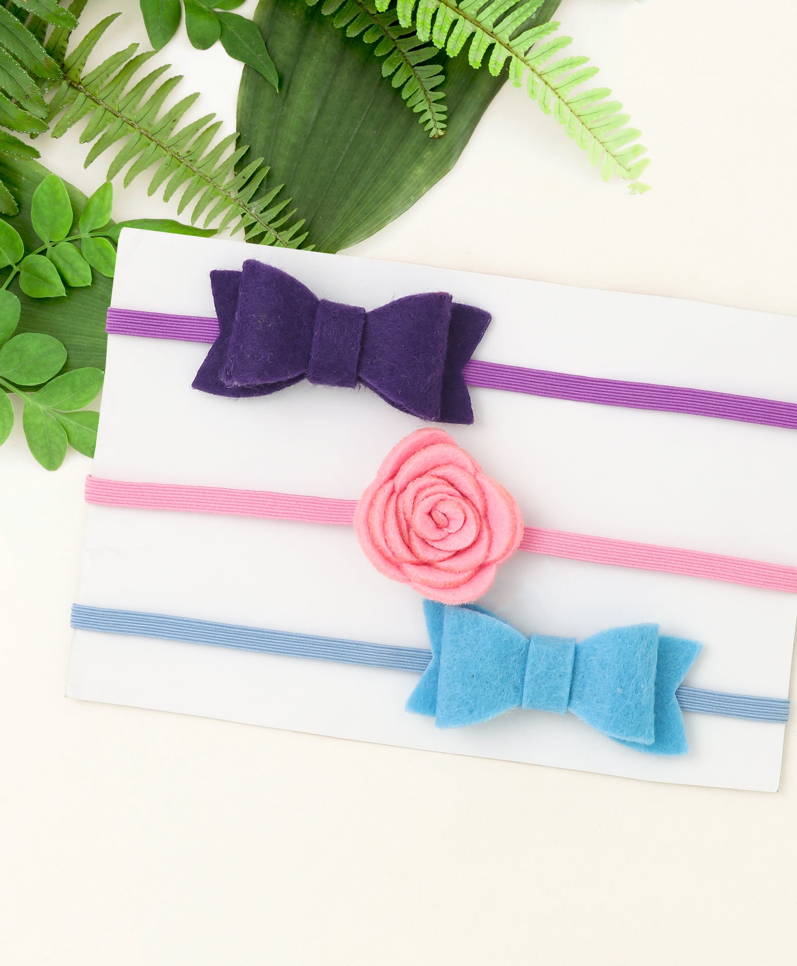 Rose & Bow Headband Set  - Purple, Light Pink & Light Blue