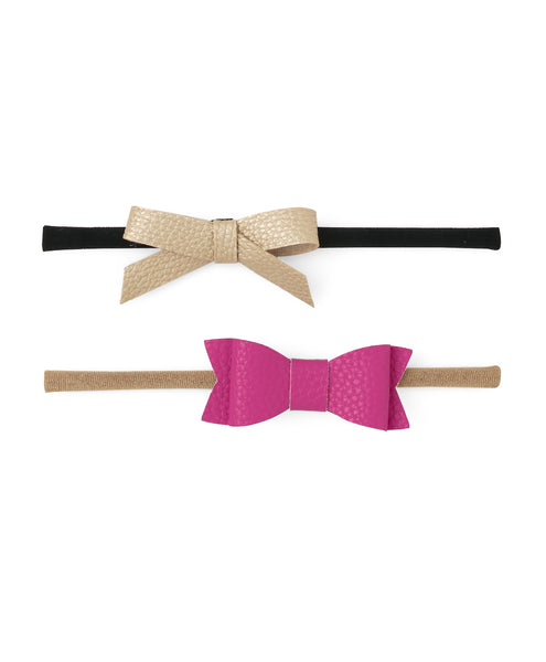 Leather Bow & Knot Headband Set - Golden & Dark Pink
