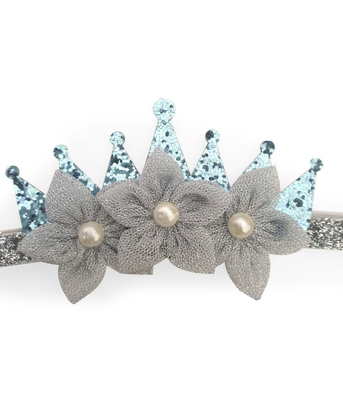 Shimmery Crown & Flower Headband - Light Blue & Silver