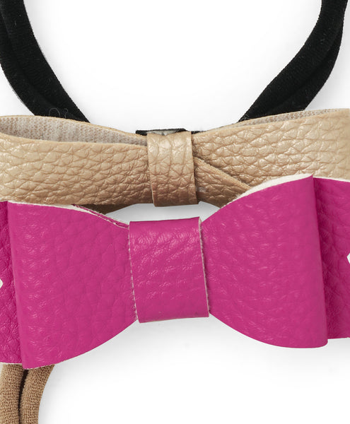 Leather Bow & Knot Headband Set - Golden & Dark Pink
