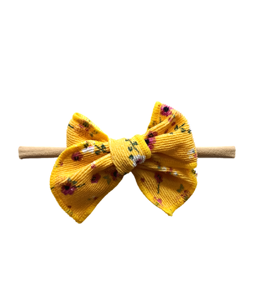 Floral Corduroy Knot Bow Nylon Headband - Yellow