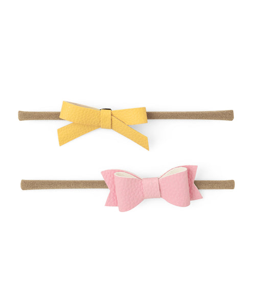 Leather Bow & Knot Headband Set - Yellow & Light Pink