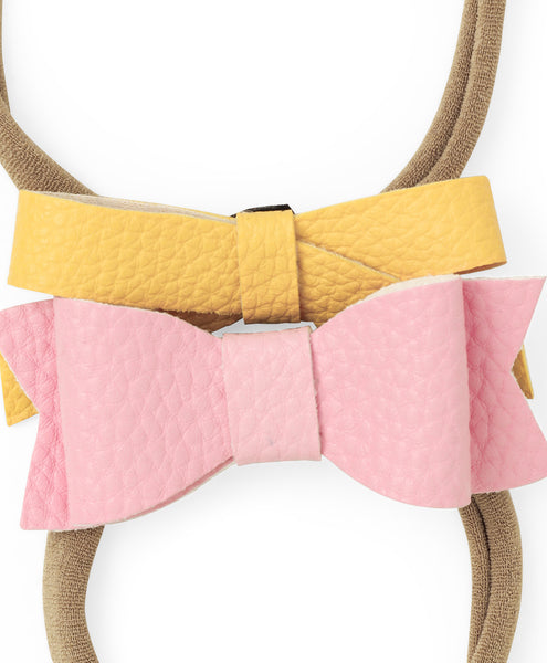 Leather Bow & Knot Headband Set - Yellow & Light Pink