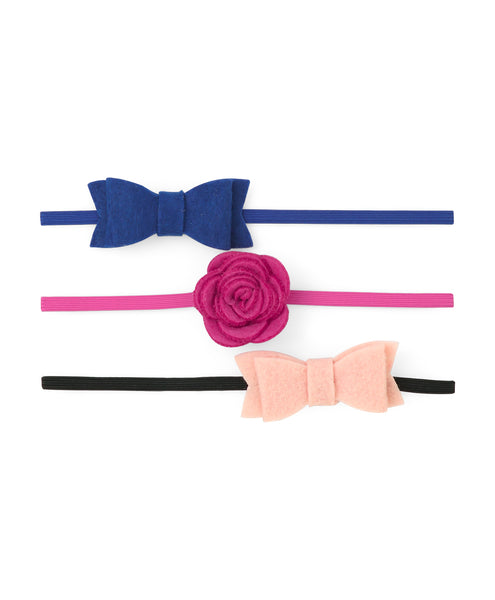 Rose & Bow Headband Set  - Dark Blue, Dark Pink & Peach