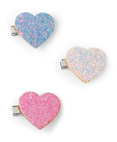 Glitter Heart Alligator Clip Set - Blue, White & Pink