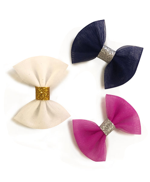 Mini Tulle Bow Alligator Clip Set - Dark Pink, Dark Blue & White