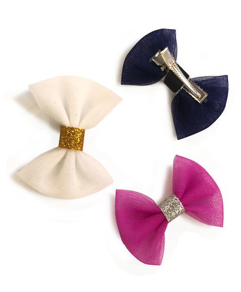 Mini Tulle Bow Alligator Clip Set - Dark Pink, Dark Blue & White