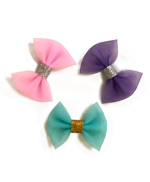 Mini Tulle Bow Alligator Clip Set - Pink, Purple & Blue