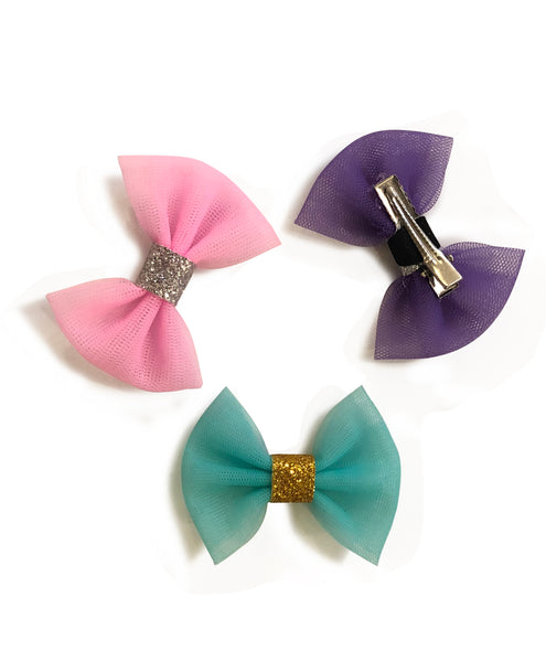 Mini Tulle Bow Alligator Clip Set - Pink, Purple & Blue