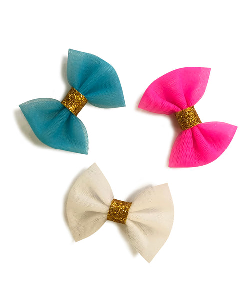 Mini Tulle Bow Alligator Clip Set - Neon Pink, Light Blue & White