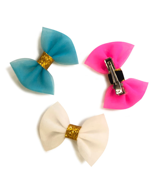 Mini Tulle Bow Alligator Clip Set - Neon Pink, Light Blue & White