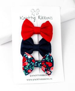 Mini Bow Hair Clips Set - Red & Dark Blue