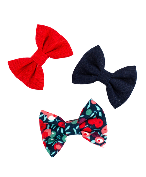 Mini Bow Hair Clips Set - Red & Dark Blue