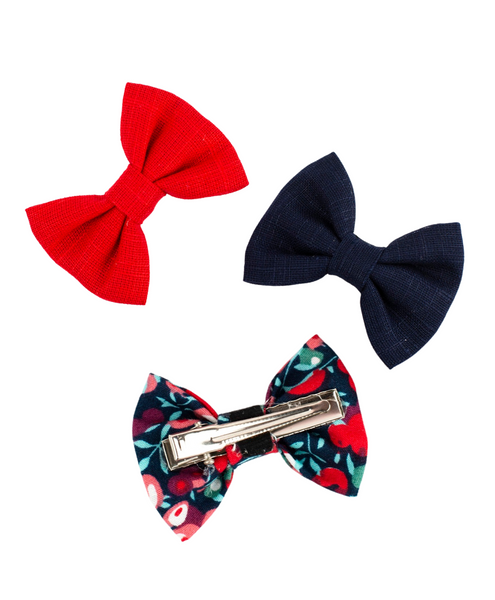 Mini Bow Hair Clips Set - Red & Dark Blue