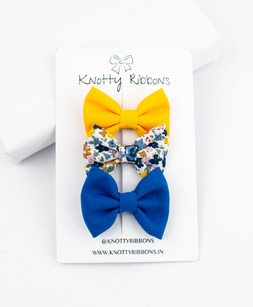 Mini Bow Hair Clips Set - Yellow & Blue