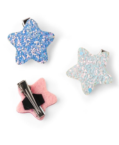 Glitter Star Alligator Clip Set  - Light Blue, White & Dark Pink
