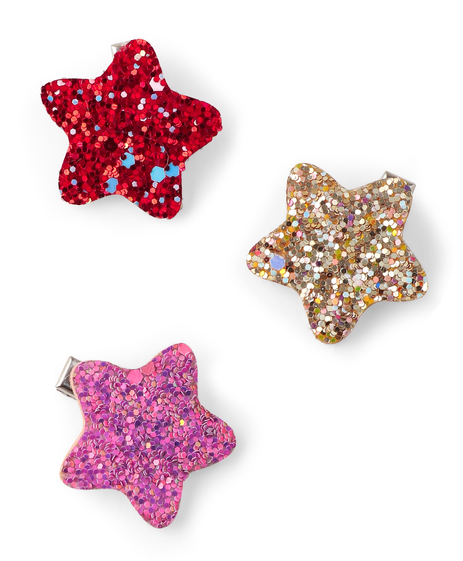 Glitter Star Alligator Clip Set - Red, Golden & Purple